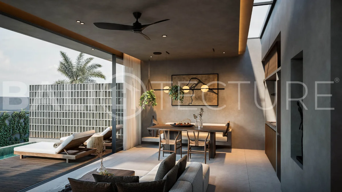 Exotic one bedroom tropical villa near Savaya Uluwatu, set within a lush jungle hillside, featuring a private pool, natural stone and timber finishes, contemporary architecture, and light filled interiors.