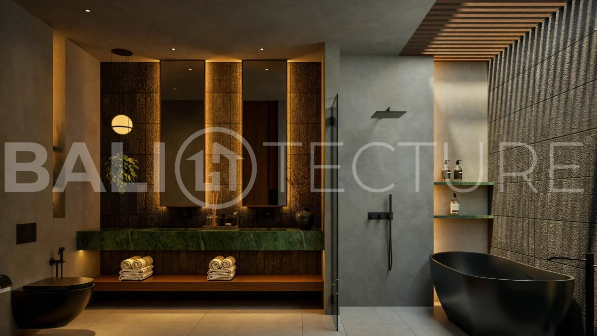 Exotic one bedroom tropical villa near Savaya Uluwatu, set within a lush jungle hillside, featuring a private pool, natural stone and timber finishes, contemporary architecture, and light filled interiors.
