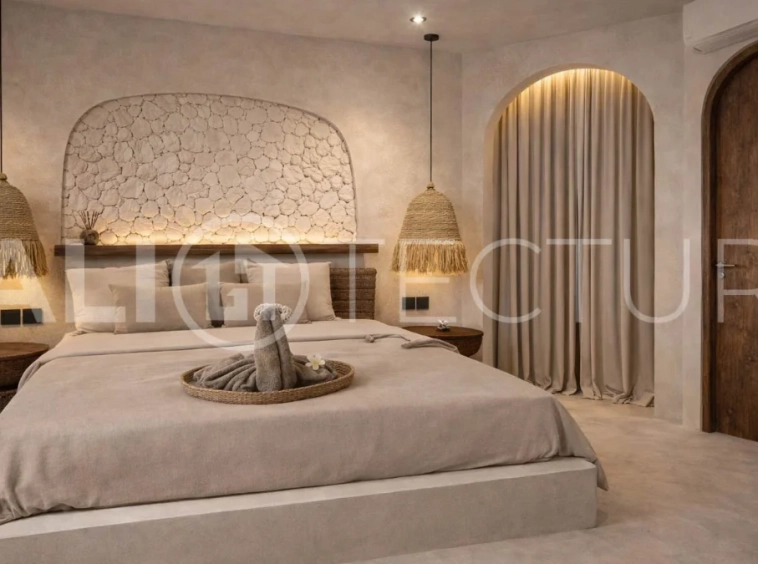 Mediterranean style three bedroom villa in Balangan, featuring a private pool and jacuzzi, spacious rooftop with pergola, outdoor lounge and barbecue area, and elegant tropical surroundings.