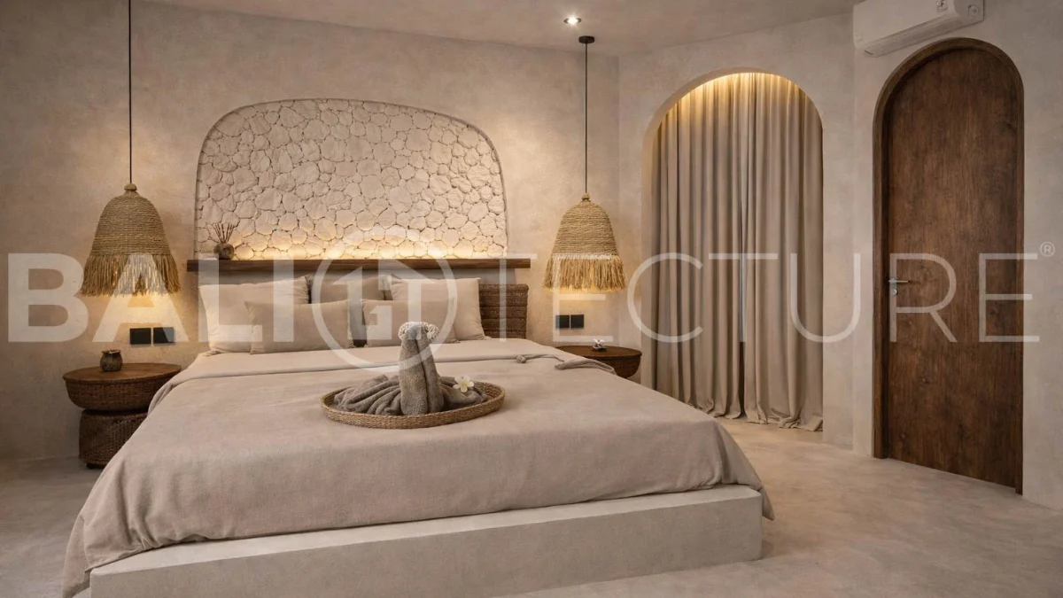 Mediterranean style three bedroom villa in Balangan, featuring a private pool and jacuzzi, spacious rooftop with pergola, outdoor lounge and barbecue area, and elegant tropical surroundings.