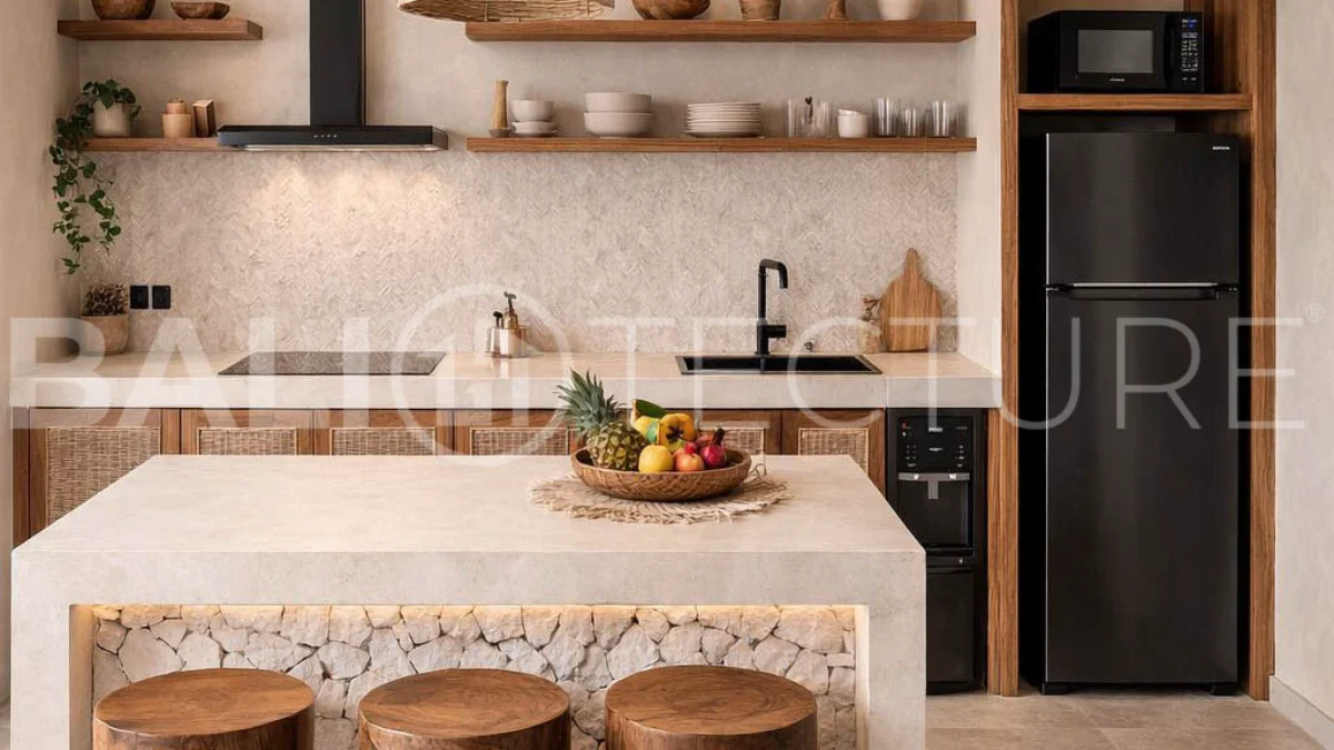 Mediterranean style three bedroom villa in Balangan, featuring a private pool and jacuzzi, spacious rooftop with pergola, outdoor lounge and barbecue area, and elegant tropical surroundings.