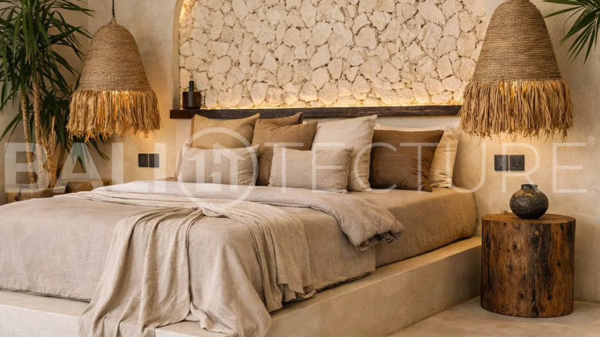 Mediterranean style three bedroom villa in Balangan, featuring a private pool and jacuzzi, spacious rooftop with pergola, outdoor lounge and barbecue area, and elegant tropical surroundings.