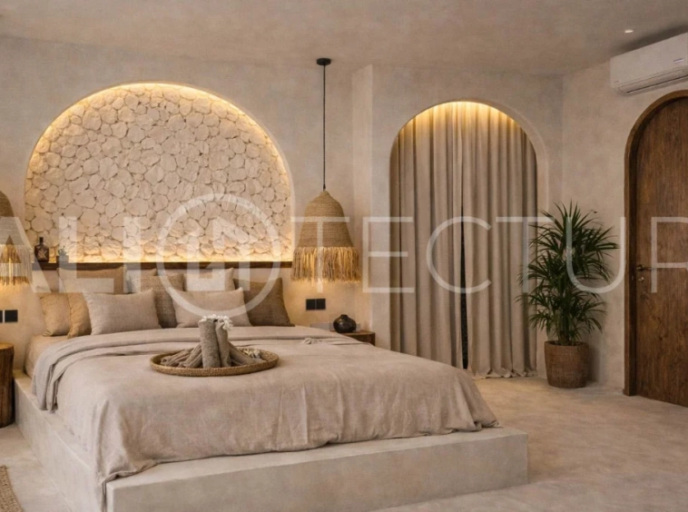 Mediterranean style three bedroom villa in Balangan, featuring a private pool and jacuzzi, spacious rooftop with pergola, outdoor lounge and barbecue area, and elegant tropical surroundings.