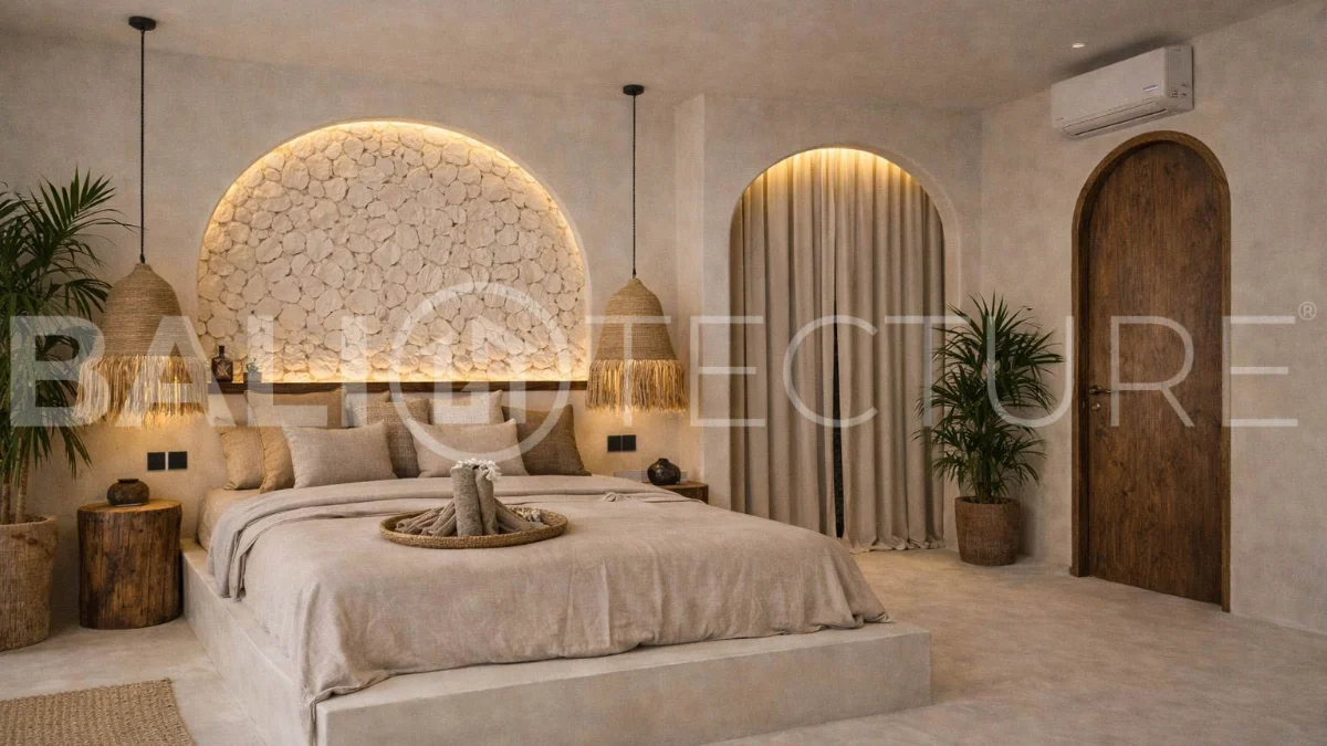 Mediterranean style three bedroom villa in Balangan, featuring a private pool and jacuzzi, spacious rooftop with pergola, outdoor lounge and barbecue area, and elegant tropical surroundings.