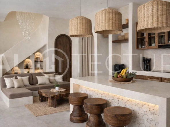 Mediterranean style three bedroom villa in Balangan, featuring a private pool and jacuzzi, spacious rooftop with pergola, outdoor lounge and barbecue area, and elegant tropical surroundings.