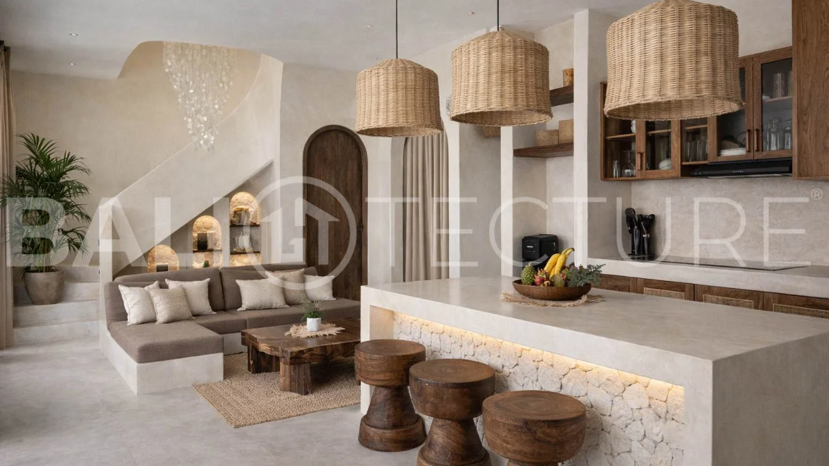 Mediterranean style three bedroom villa in Balangan, featuring a private pool and jacuzzi, spacious rooftop with pergola, outdoor lounge and barbecue area, and elegant tropical surroundings.