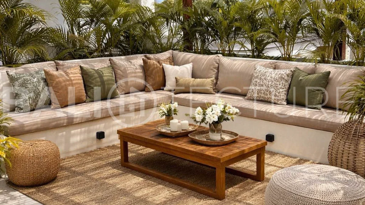 Mediterranean style three bedroom villa in Balangan, featuring a private pool and jacuzzi, spacious rooftop with pergola, outdoor lounge and barbecue area, and elegant tropical surroundings.