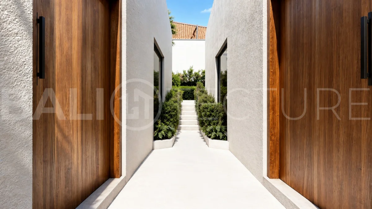Modern tropical 2-bedroom villa development for sale in Cepaka, Kaba Kaba, Bali, featuring lush tropical landscaping, natural stone and wood finishes, private villa options, and a shared infinity pool.