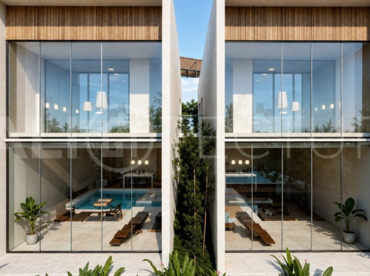 Modern tropical 2-bedroom villa development for sale in Cepaka, Kaba Kaba, Bali, featuring lush tropical landscaping, natural stone and wood finishes, private villa options, and a shared infinity pool.