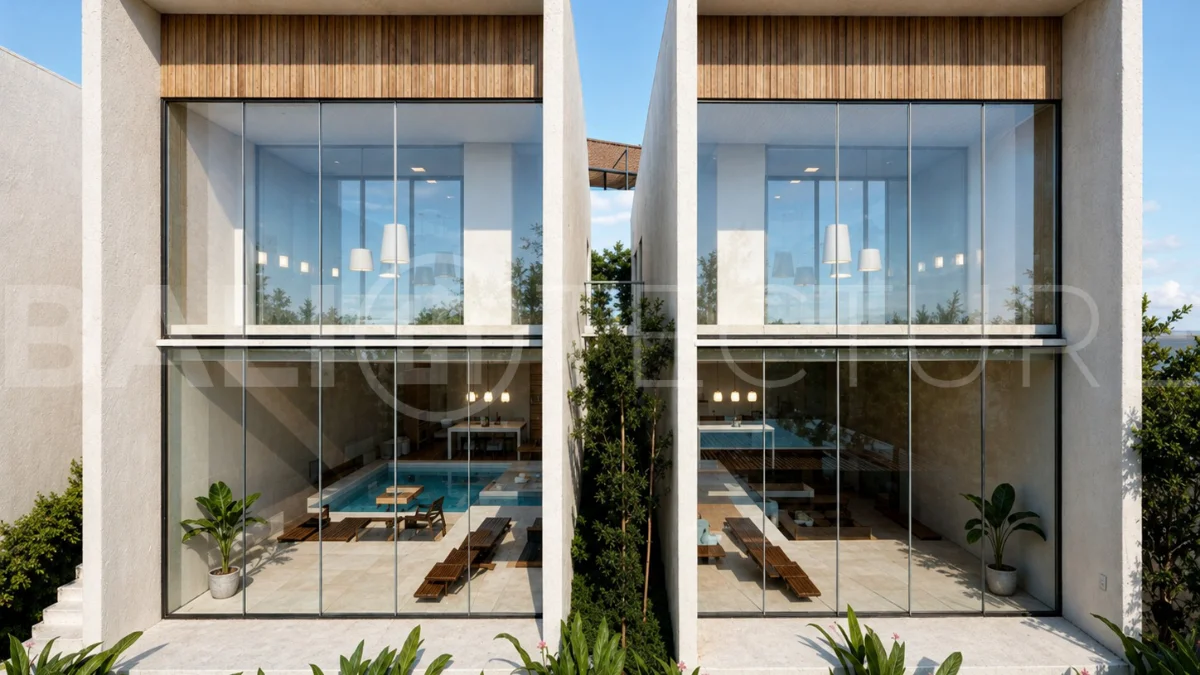 Modern tropical 2-bedroom villa development for sale in Cepaka, Kaba Kaba, Bali, featuring lush tropical landscaping, natural stone and wood finishes, private villa options, and a shared infinity pool.