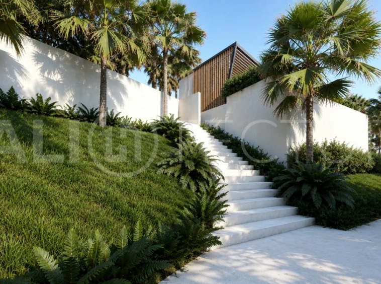Modern tropical 2-bedroom villa development for sale in Cepaka, Kaba Kaba, Bali, featuring lush tropical landscaping, natural stone and wood finishes, private villa options, and a shared infinity pool.