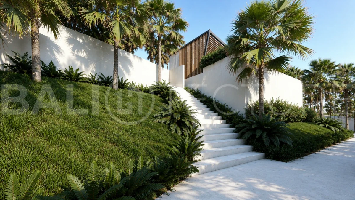 Modern tropical 2-bedroom villa development for sale in Cepaka, Kaba Kaba, Bali, featuring lush tropical landscaping, natural stone and wood finishes, private villa options, and a shared infinity pool.