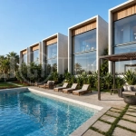 Modern tropical 2-bedroom villa development for sale in Cepaka, Kaba Kaba, Bali, featuring lush tropical landscaping, natural stone and wood finishes, private villa options, and a shared infinity pool.