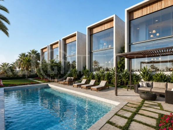 Modern tropical 2-bedroom villa development for sale in Cepaka, Kaba Kaba, Bali, featuring lush tropical landscaping, natural stone and wood finishes, private villa options, and a shared infinity pool.