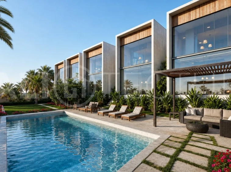 Modern tropical 2-bedroom villa development for sale in Cepaka, Kaba Kaba, Bali, featuring lush tropical landscaping, natural stone and wood finishes, private villa options, and a shared infinity pool.