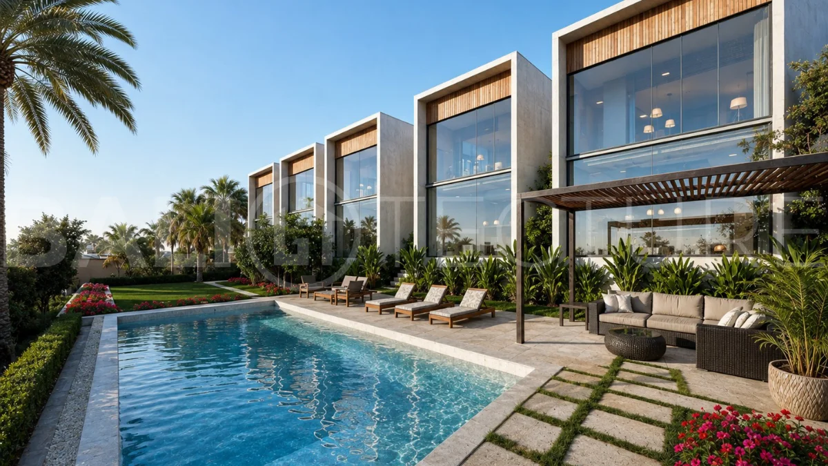 Modern tropical 2-bedroom villa development for sale in Cepaka, Kaba Kaba, Bali, featuring lush tropical landscaping, natural stone and wood finishes, private villa options, and a shared infinity pool.