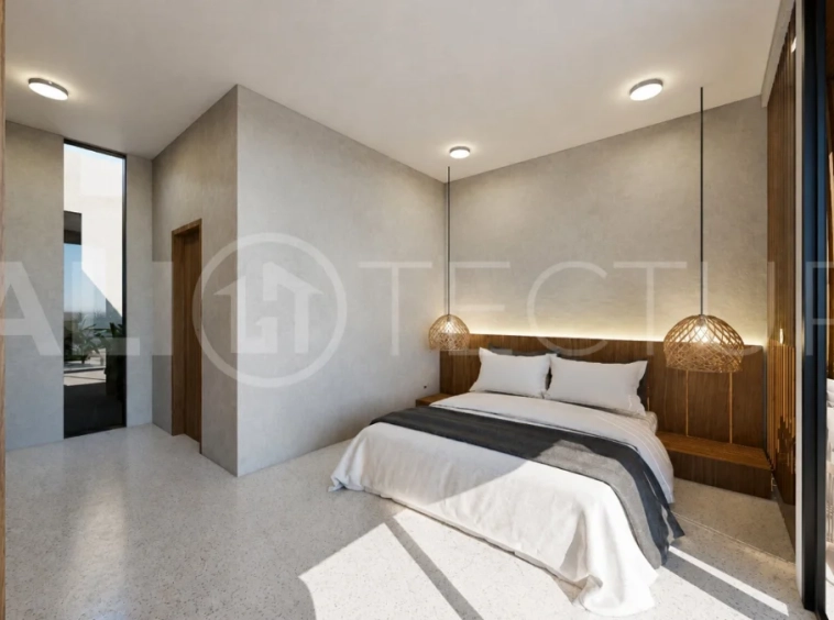 Modern tropical 2-bedroom villa development for sale in Cepaka, Kaba Kaba, Bali, featuring lush tropical landscaping, natural stone and wood finishes, private villa options, and a shared infinity pool.