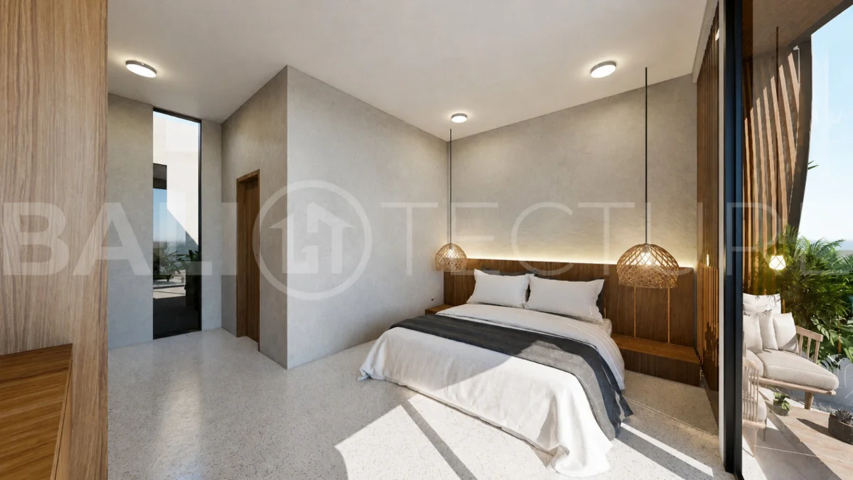 Modern tropical 2-bedroom villa development for sale in Cepaka, Kaba Kaba, Bali, featuring lush tropical landscaping, natural stone and wood finishes, private villa options, and a shared infinity pool.