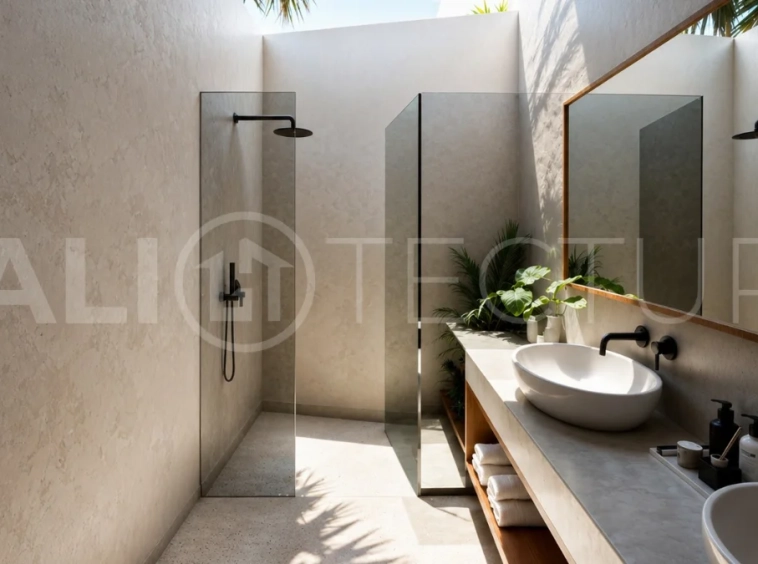 Modern tropical 2-bedroom villa development for sale in Cepaka, Kaba Kaba, Bali, featuring lush tropical landscaping, natural stone and wood finishes, private villa options, and a shared infinity pool.