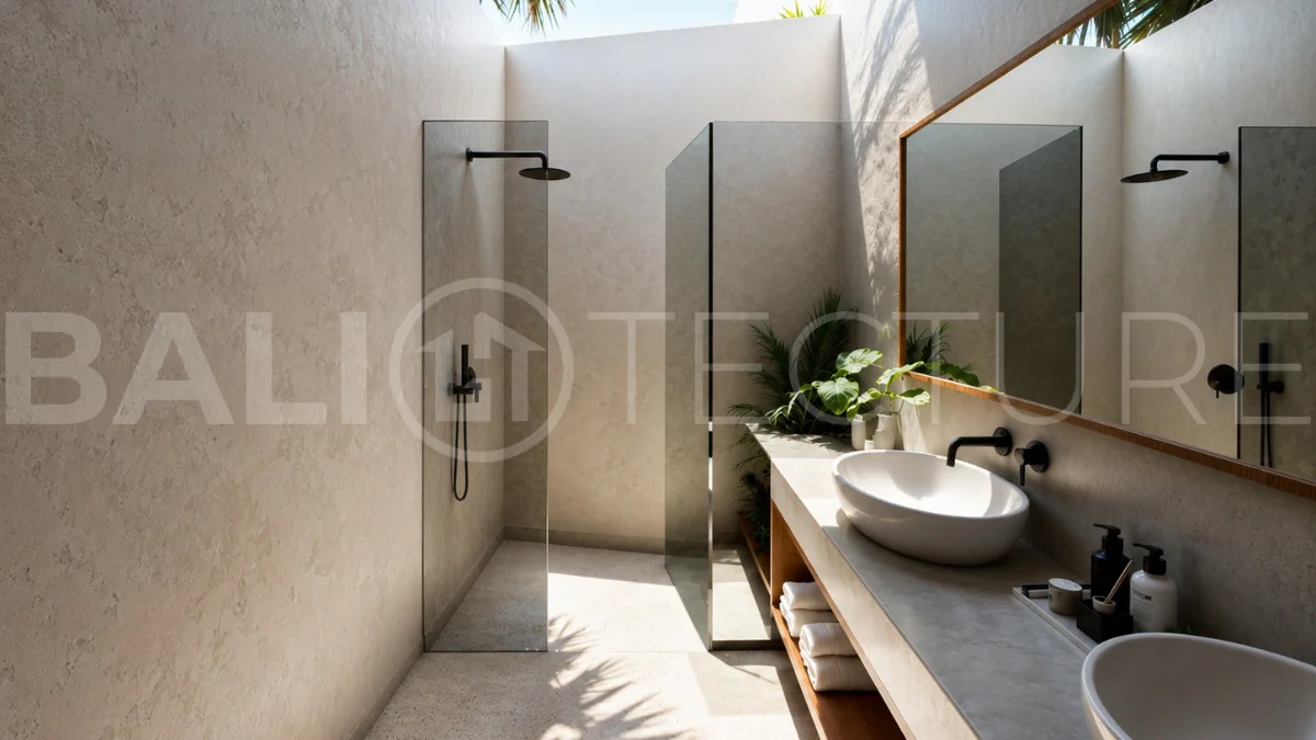 Modern tropical 2-bedroom villa development for sale in Cepaka, Kaba Kaba, Bali, featuring lush tropical landscaping, natural stone and wood finishes, private villa options, and a shared infinity pool.
