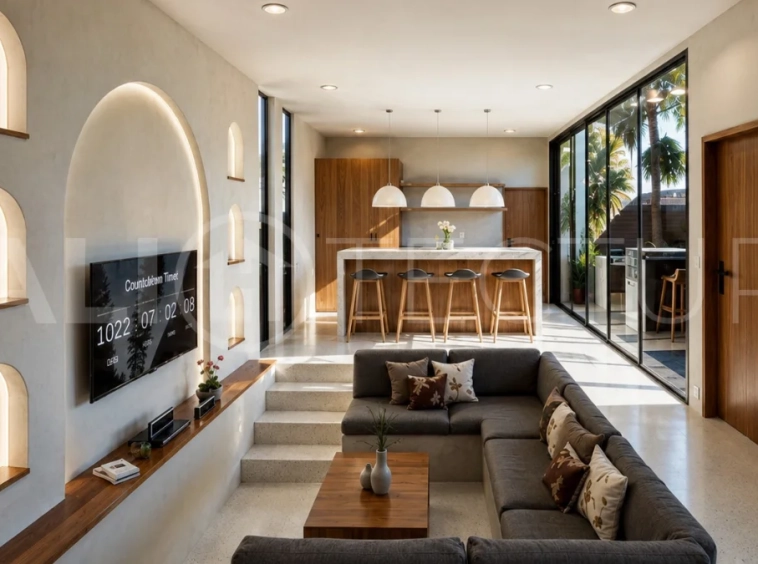 Modern tropical 2-bedroom villa development for sale in Cepaka, Kaba Kaba, Bali, featuring lush tropical landscaping, natural stone and wood finishes, private villa options, and a shared infinity pool.