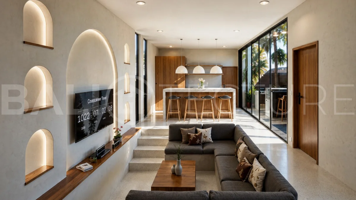 Modern tropical 2-bedroom villa development for sale in Cepaka, Kaba Kaba, Bali, featuring lush tropical landscaping, natural stone and wood finishes, private villa options, and a shared infinity pool.