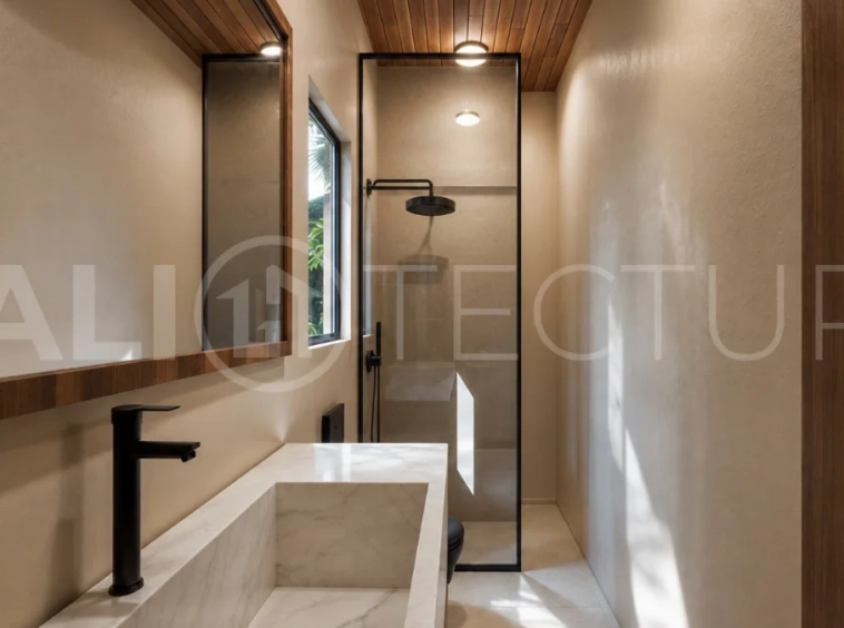 Modern tropical 2-bedroom villa development for sale in Cepaka, Kaba Kaba, Bali, featuring lush tropical landscaping, natural stone and wood finishes, private villa options, and a shared infinity pool.
