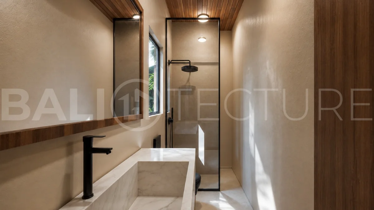 Modern tropical 2-bedroom villa development for sale in Cepaka, Kaba Kaba, Bali, featuring lush tropical landscaping, natural stone and wood finishes, private villa options, and a shared infinity pool.