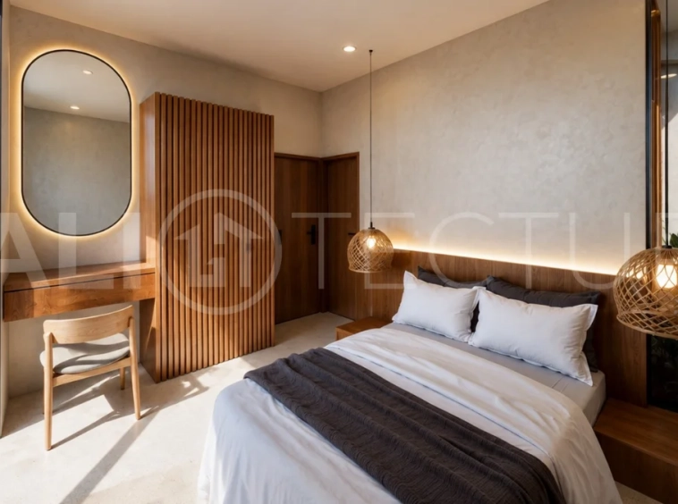 Modern tropical 2-bedroom villa development for sale in Cepaka, Kaba Kaba, Bali, featuring lush tropical landscaping, natural stone and wood finishes, private villa options, and a shared infinity pool.