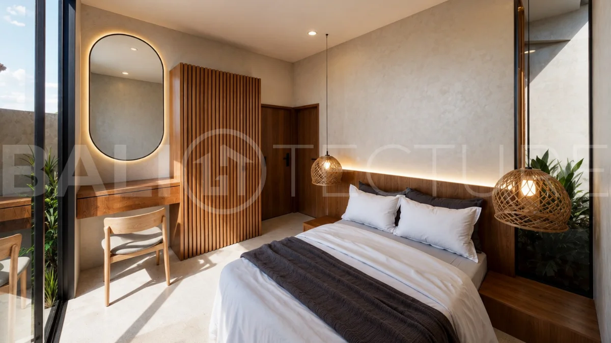 Modern tropical 2-bedroom villa development for sale in Cepaka, Kaba Kaba, Bali, featuring lush tropical landscaping, natural stone and wood finishes, private villa options, and a shared infinity pool.
