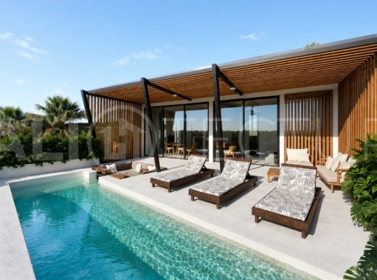 Modern tropical 2-bedroom villa development for sale in Cepaka, Kaba Kaba, Bali, featuring lush tropical landscaping, natural stone and wood finishes, private villa options, and a shared infinity pool.