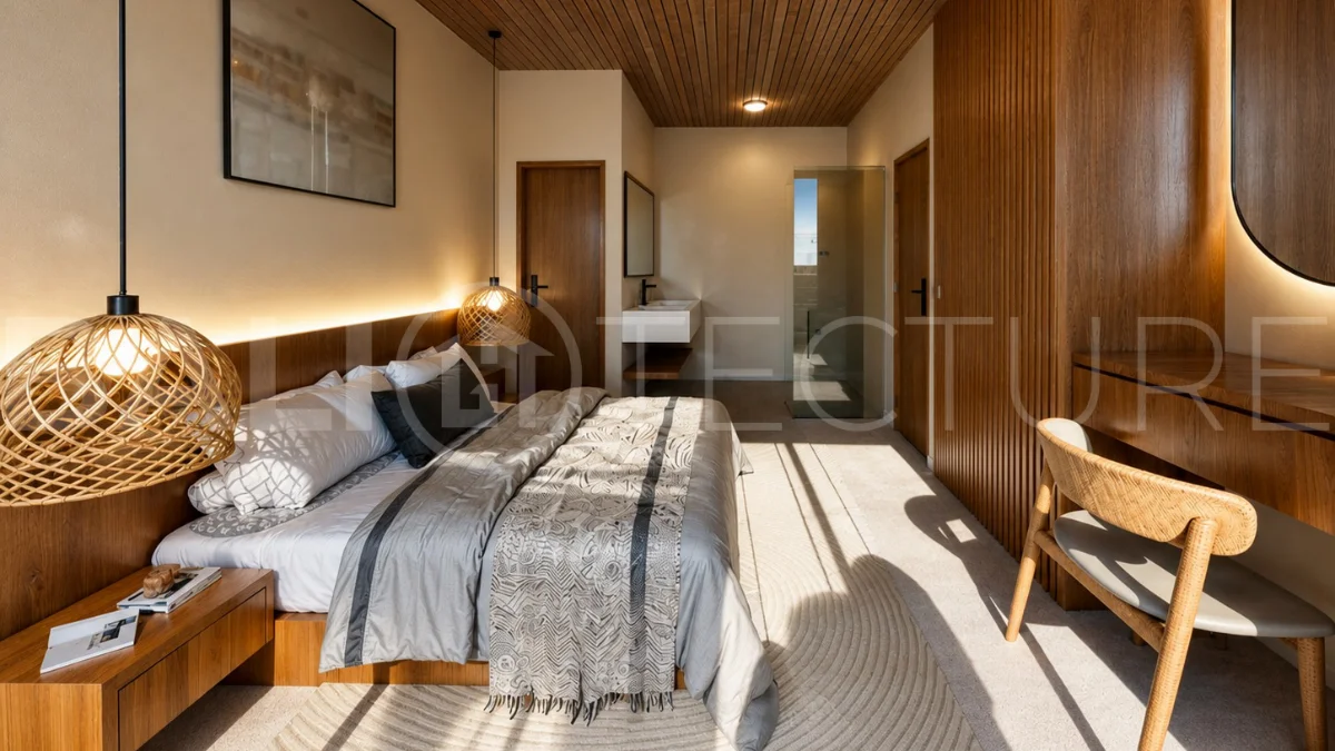 Modern tropical 2-bedroom villa development for sale in Cepaka, Kaba Kaba, Bali, featuring lush tropical landscaping, natural stone and wood finishes, private villa options, and a shared infinity pool.