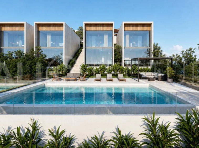 Modern tropical 2-bedroom villa development for sale in Cepaka, Kaba Kaba, Bali, featuring lush tropical landscaping, natural stone and wood finishes, private villa options, and a shared infinity pool.