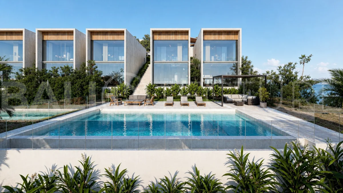 Modern tropical 2-bedroom villa development for sale in Cepaka, Kaba Kaba, Bali, featuring lush tropical landscaping, natural stone and wood finishes, private villa options, and a shared infinity pool.