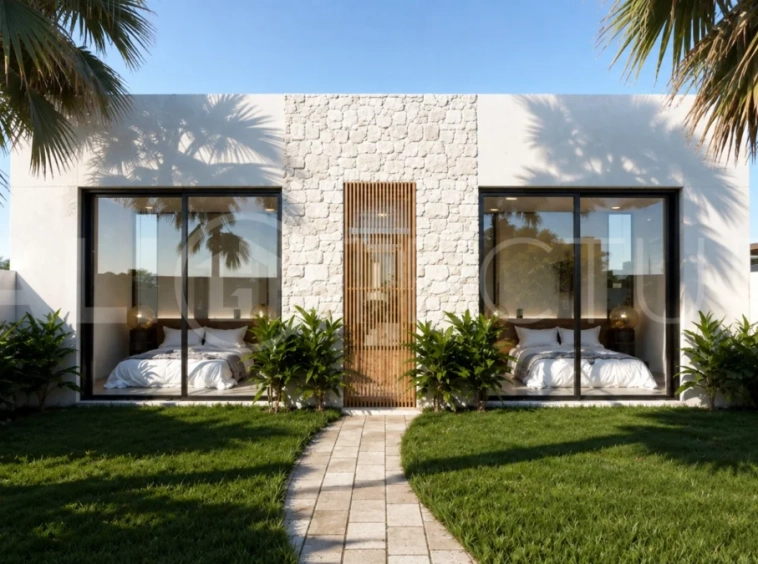 Modern tropical 2-bedroom villa development for sale in Cepaka, Kaba Kaba, Bali, featuring lush tropical landscaping, natural stone and wood finishes, private villa options, and a shared infinity pool.