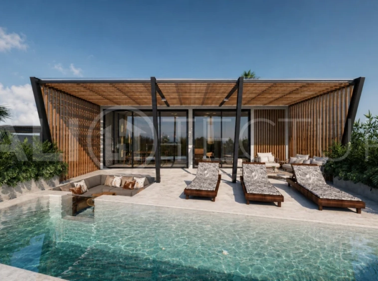 Modern tropical 2-bedroom villa development for sale in Cepaka, Kaba Kaba, Bali, featuring lush tropical landscaping, natural stone and wood finishes, private villa options, and a shared infinity pool.