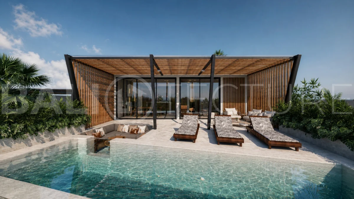 Modern tropical 2-bedroom villa development for sale in Cepaka, Kaba Kaba, Bali, featuring lush tropical landscaping, natural stone and wood finishes, private villa options, and a shared infinity pool.