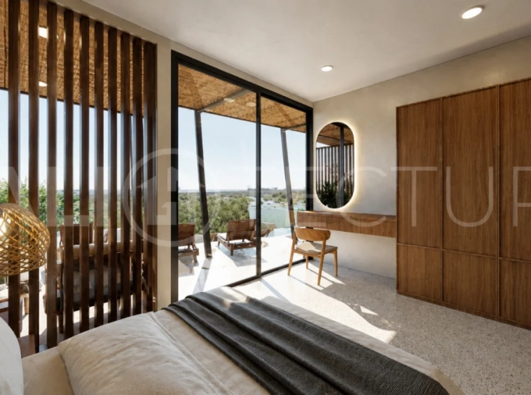Modern tropical 2-bedroom villa development for sale in Cepaka, Kaba Kaba, Bali, featuring lush tropical landscaping, natural stone and wood finishes, private villa options, and a shared infinity pool.