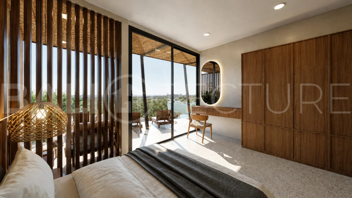 Modern tropical 2-bedroom villa development for sale in Cepaka, Kaba Kaba, Bali, featuring lush tropical landscaping, natural stone and wood finishes, private villa options, and a shared infinity pool.