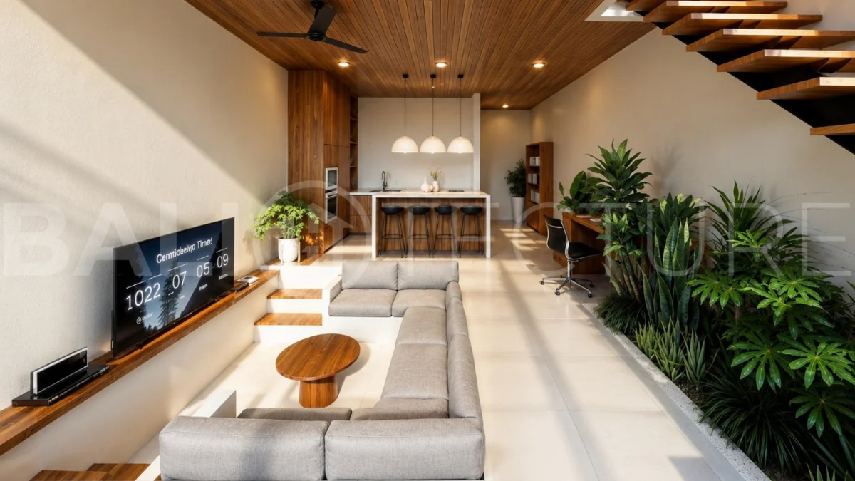 Modern tropical 2-bedroom villa development for sale in Cepaka, Kaba Kaba, Bali, featuring lush tropical landscaping, natural stone and wood finishes, private villa options, and a shared infinity pool.