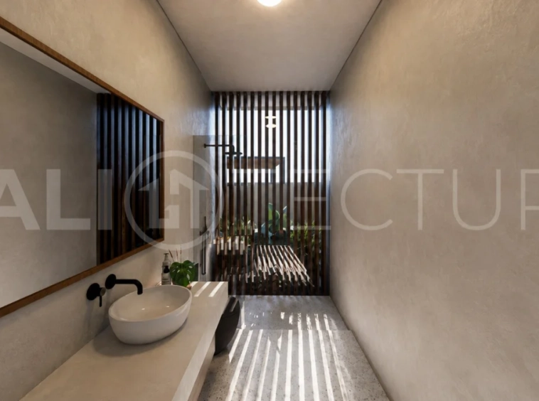 Modern tropical 2-bedroom villa development for sale in Cepaka, Kaba Kaba, Bali, featuring lush tropical landscaping, natural stone and wood finishes, private villa options, and a shared infinity pool.
