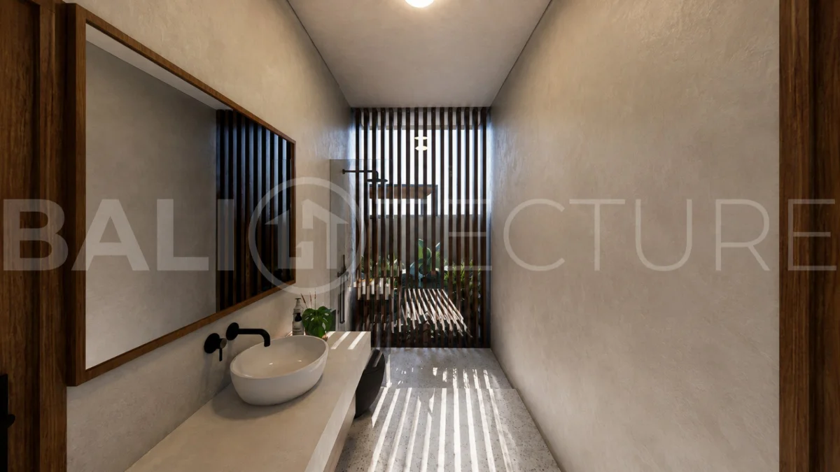 Modern tropical 2-bedroom villa development for sale in Cepaka, Kaba Kaba, Bali, featuring lush tropical landscaping, natural stone and wood finishes, private villa options, and a shared infinity pool.
