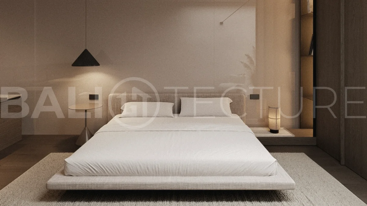 Modern one bedroom villa near Pererenan Beach in Bali, featuring a private pool, tropical landscaping, natural stone and teak wood finishes, panoramic glazing, and a stylish resort inspired interior.