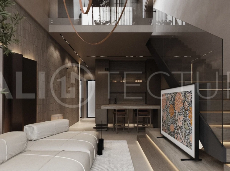 Modern one bedroom villa near Pererenan Beach in Bali, featuring a private pool, tropical landscaping, natural stone and teak wood finishes, panoramic glazing, and a stylish resort inspired interior.