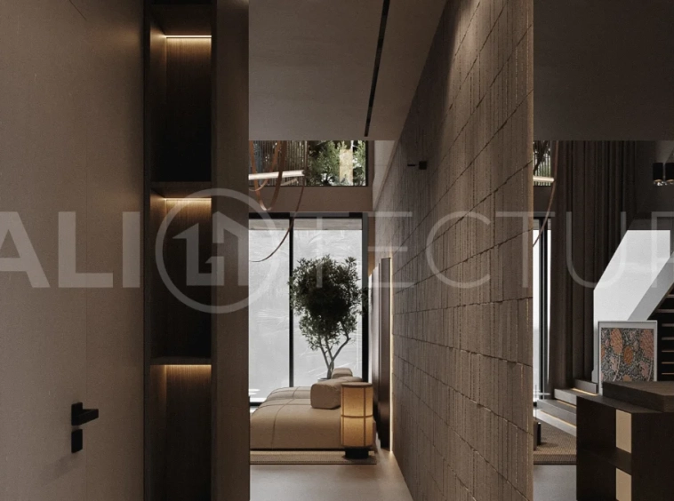 Modern one bedroom villa near Pererenan Beach in Bali, featuring a private pool, tropical landscaping, natural stone and teak wood finishes, panoramic glazing, and a stylish resort inspired interior.