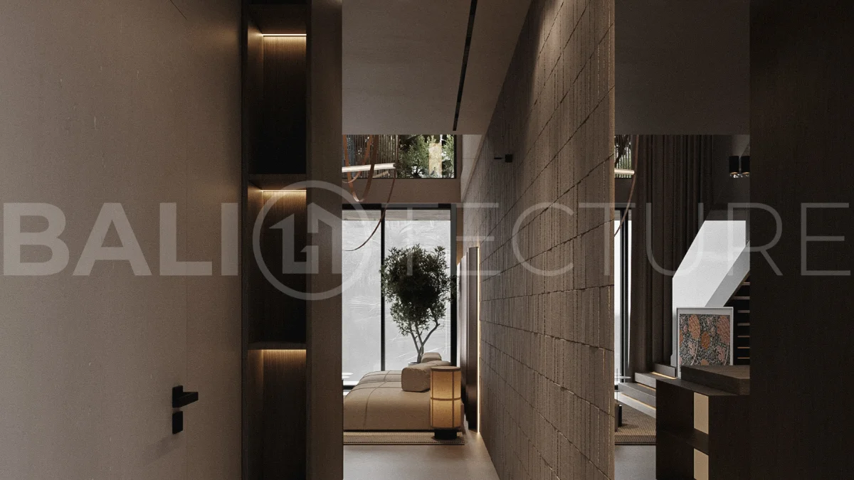 Modern one bedroom villa near Pererenan Beach in Bali, featuring a private pool, tropical landscaping, natural stone and teak wood finishes, panoramic glazing, and a stylish resort inspired interior.