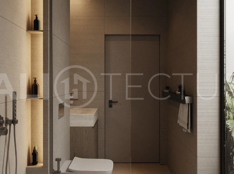 Modern one bedroom villa near Pererenan Beach in Bali, featuring a private pool, tropical landscaping, natural stone and teak wood finishes, panoramic glazing, and a stylish resort inspired interior.