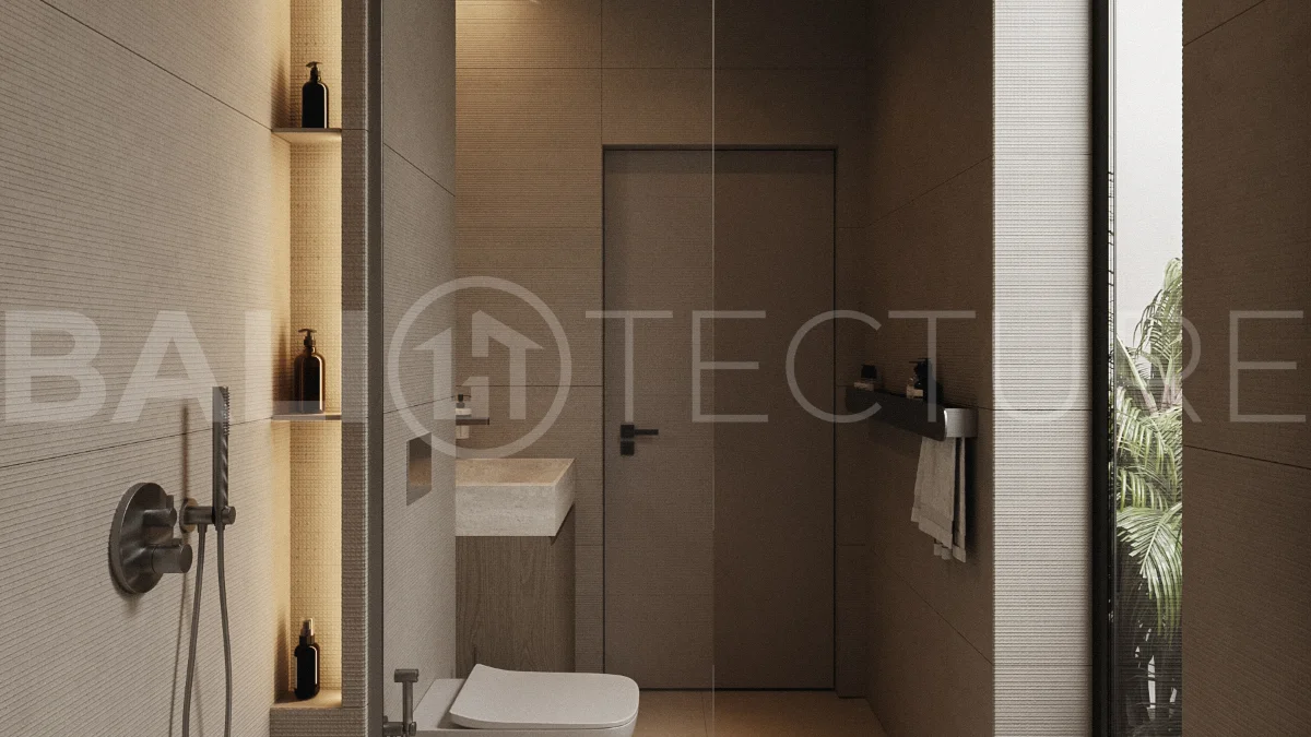 Modern one bedroom villa near Pererenan Beach in Bali, featuring a private pool, tropical landscaping, natural stone and teak wood finishes, panoramic glazing, and a stylish resort inspired interior.