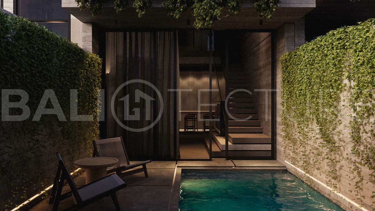 Modern one bedroom villa near Pererenan Beach in Bali, featuring a private pool, tropical landscaping, natural stone and teak wood finishes, panoramic glazing, and a stylish resort inspired interior.