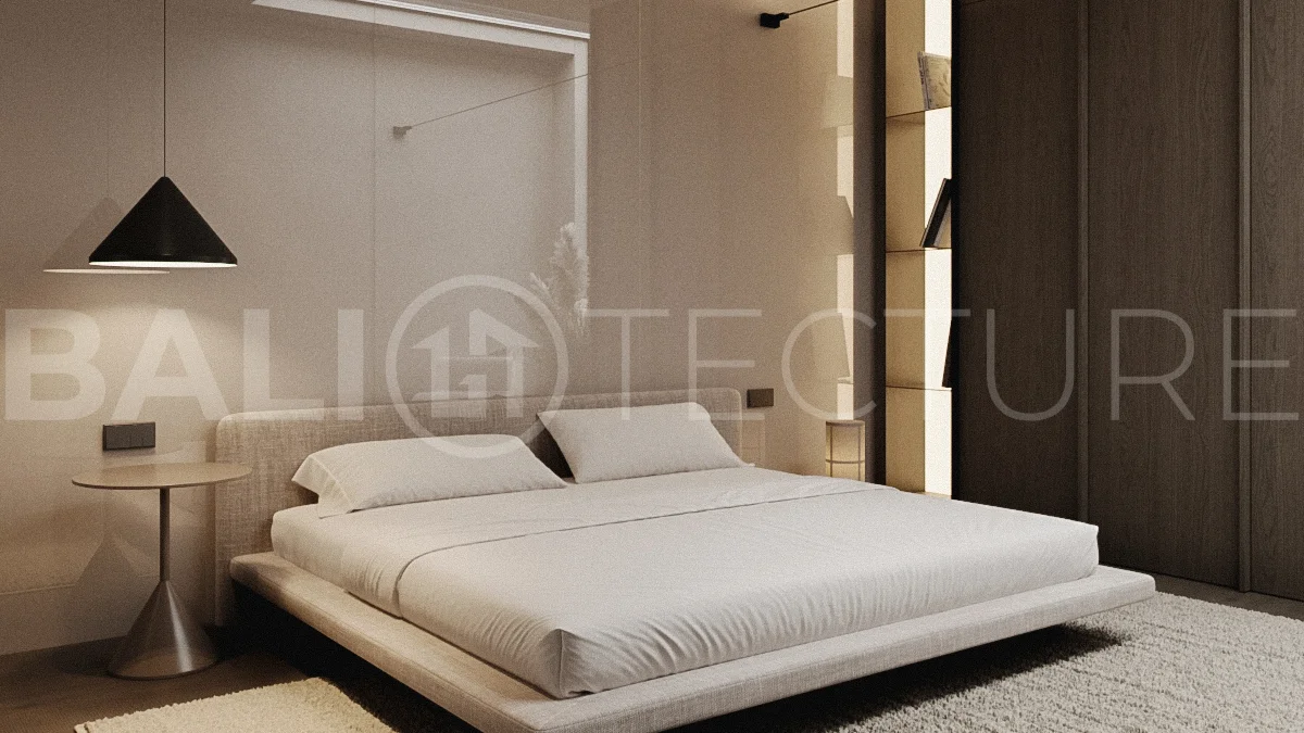 Modern one bedroom villa near Pererenan Beach in Bali, featuring a private pool, tropical landscaping, natural stone and teak wood finishes, panoramic glazing, and a stylish resort inspired interior.